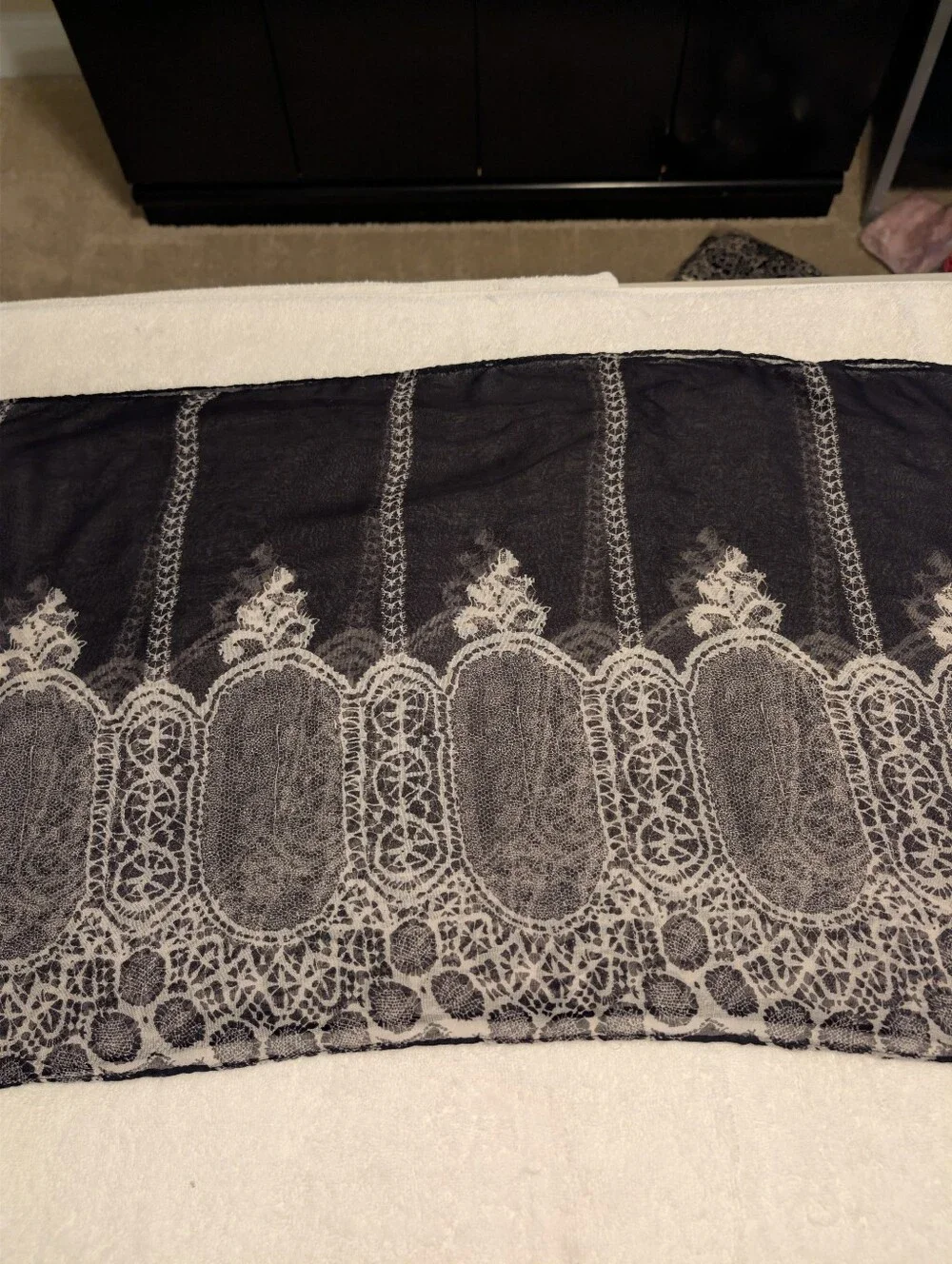Black and White Lightweight Infinity Scarf with Ornate Lace Print